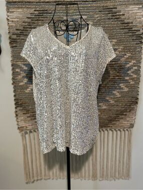 CeCe Silver Sequin V-Neck Women's Top
